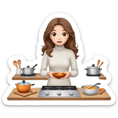White thin woman with turtneck sweater while cooking in her own kitchen hazel eyes and brown long beach waves hair sticker