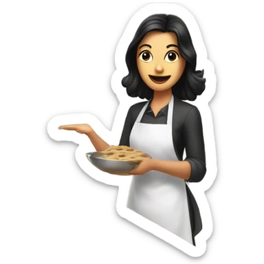 White woman with straight black hair cooking while teaching a graduate class on her birthday sticker