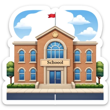 a full view of school building with a name board  sticker