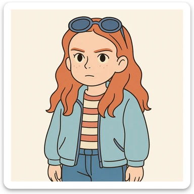 Create a character of Max Mayfield from Stranger Things inspired by the provided reference image. Use a simple line style with thick outlines, colored in light pastel tones, in the Ghibli style. Format the image in a 1:1 aspect ratio. sticker