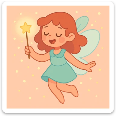 cute fairy holding glowing wand, surrounded by tiny floating lights, soft pastel style sticker