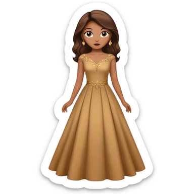 Woman using a long elegant dress. She has medium skin tone and a brown with gold makeup sticker