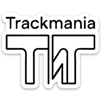 'Trackmania' word in clean sans-serif font above minimalist 'T' and 'M' split vertically down the middle with geometric shapes, icon-black-outlined style logo sticker