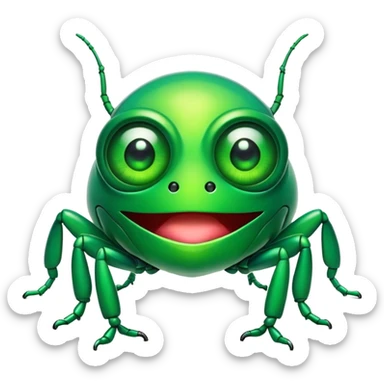 Cinematic Comical Green Bugdie Portrait Emoji, Head tilted dramatically with an exaggeratedly amused expression, featuring a striking, glossy emerald exoskeleton with bold patterns, wide, expressive multifaceted eyes filled with playful disbelief, Simplified yet hilariously expressive features, highly detailed, glowing with a slightly sassy glow, high shine, dramatic yet playful, stylized with an air of cheeky mischief, bright and endearing, soft glowing outline, capturing the essence of a spirited and over-the-top bug, so meme-worthy it feels like it could side-eye its way into internet fame instantly! sticker