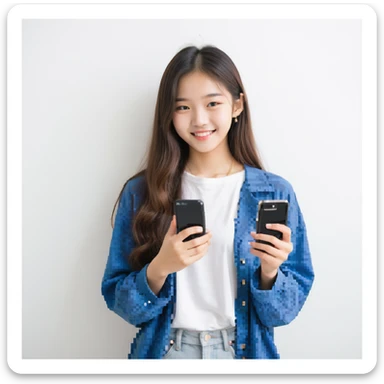 pixel art, 17-year-old Korean girl, long hair, holding a phone, cheerful sticker