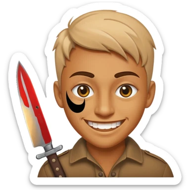 a stylized face grinning with a knife in its eye, dramatic and graphic sticker