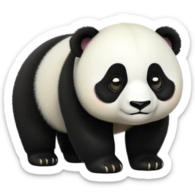 cinematic-[panda bear]-realistic-full-body-standing on all fours-emoji,-tail-tucked-close,-head-tilted-dramatically,-thick-[black and white]-fur,-simplified-yet-realistic-focused-features,-highly-detailed,-glowing-with-an-almost-sarcastic-glow sticker