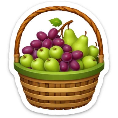 medieval fruit basket object icon, grapes apples pears, woven basket, rustic medieval vibe, 3D cartoon, mobile game icon style, clean background, no text, no watermark
 sticker