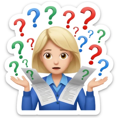 A kindergardenteacher with an overwhelmed expression, surrounded by flying papers and three question marks. sticker