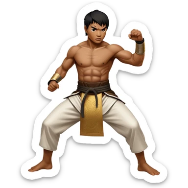 Tony Jaa – Cinematic Realistic Portrait of Tony Jaa, depicted as a dynamic martial arts warrior with intense eyes and a powerful stance in traditional Thai fighting attire, rendered in mid-motion with dramatic lighting and high-detail textures that capture his raw physicality and grace. sticker