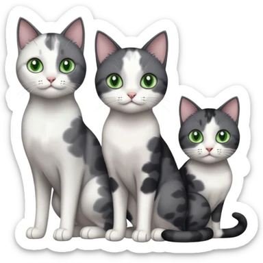 3 different coloured small cats including a dark grey and white, and a patchy calico and a completely solid dark grey with green eyes and only white paws sticker
