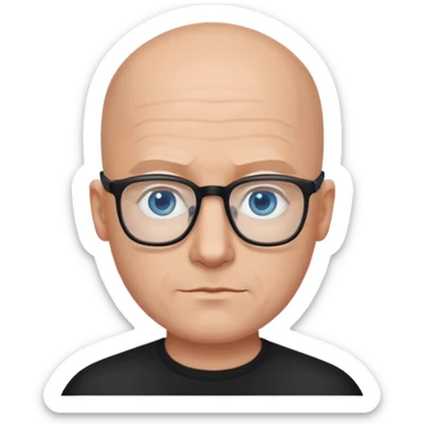 bald man with blue eyes and black rectangle eye glasses sticker