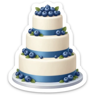Elegant white wedding tiered caked decorated with fresh and candied blue berries and blue ribbon sticker