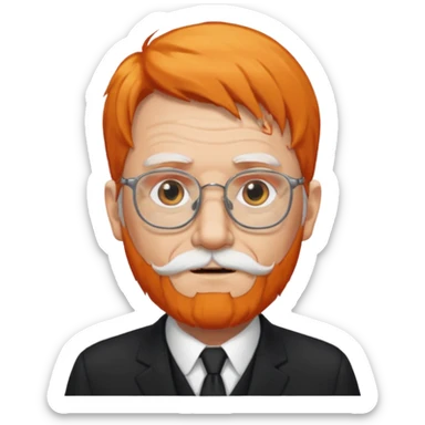 old man, orange hair, white beard, wearing glasses, long face, wearing a black suit sticker