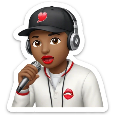 Create a dynamic and energetic emoji that represents beatboxing. The design should feature a stylized microphone with lips and sound waves emanating from it and baseball cap on it, symbolizing vocal percussion and rhythm. Add elements like headphones or a subtle speaker to emphasize the music production aspect. Use bold colors like black, white, and red to convey the intensity and creativity of beatboxing. The background should be transparent. sticker