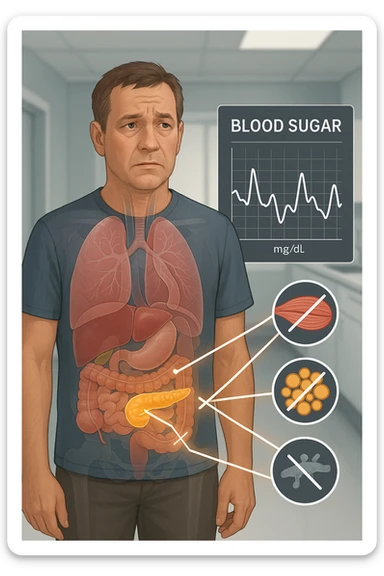 a middle-aged man stands in a clinical setting, with a semi-transparent overlay showing his internal organs. His pancreas is highlighted, and glowing lines or icons indicate disrupted insulin signaling between the pancreas and muscle or fat cells. The man’s expression is slightly concerned, and a digital chart beside him displays fluctuating blood sugar levels. The lighting is realistic, with a clean, modern medical background. sticker