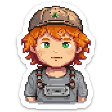 A boy with a backward cap, curly orange hair, and a goatee sticker