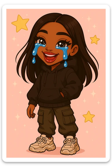 Change her outfit style to trendy streetwear, keep her as a 20-year-old anime Bratz style woman with dark skin, dark hair, crying laughing expression, big expressive eyes, and glossy lips. sticker