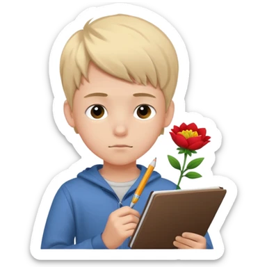 Teen boy drawing boy with flower character in notebook sticker
