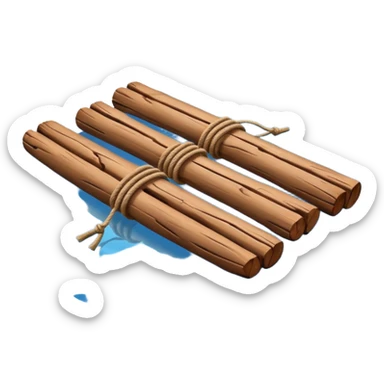 showing a simple wooden raft floating on calm blue water — made of several brown logs tied together with rope — gentle ripples around it — bright, cheerful lighting and soft shadows — minimalist, clean emoji design sticker