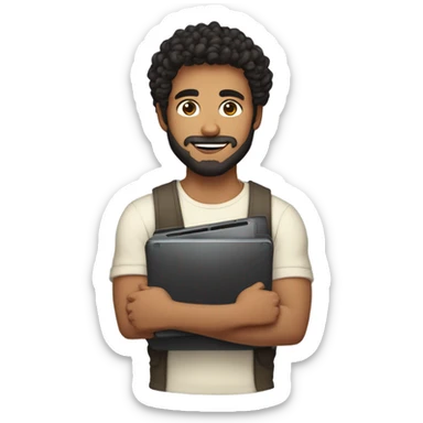 men holding his computer in hands. light brown skin men with curly black hair, dark brown eyes, little grown beard. little bit muscular. dressed casual. round face. sticker
