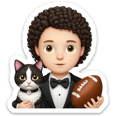 Curly headed white boy with tuxedo cat and football sticker