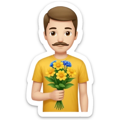 generate an ios genmoji of a 20 year old fair boy with 3 mustache hair. should look like he cant grow a mustache., carrying a flower bouquet, wearing a yellow tshirt, looking shy sticker
