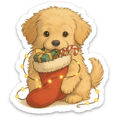 a fluffy golden retriever puppy holding a Christmas stocking full of gifts and tangled in fairy lights, Ghibli style sticker