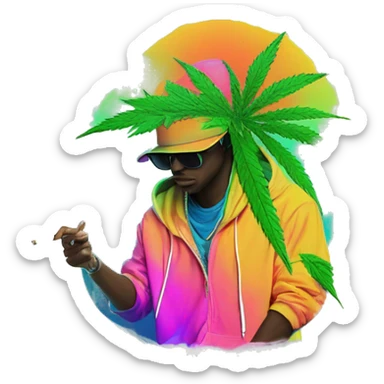 Hemp leaves Multicoloured neon person smoking wearing hoodie dancing hip hop bucket hat tropical Skater fashion aesthetic baggy clothes graphic t shirt 420 sticker