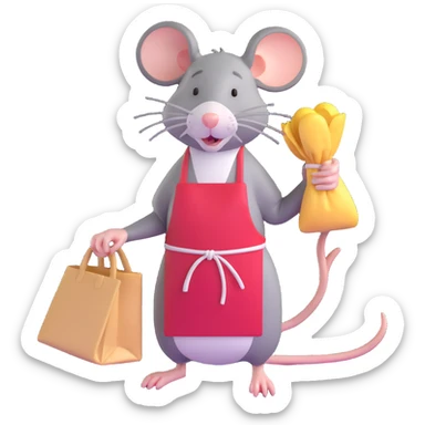 tired rat wearing apron bagging groceries sticker