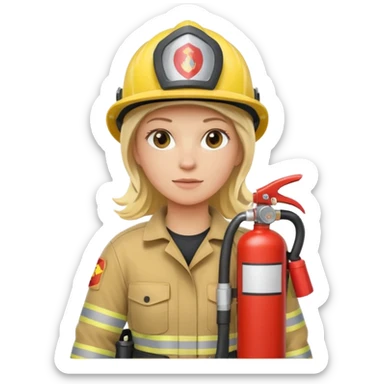Firefighter with respiratory protection, blonde female, with fire extinguisher sticker