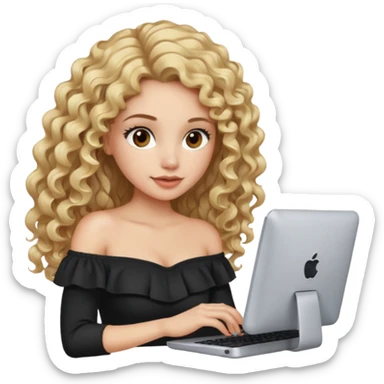 woman with long curly blond hair, brown eyes, wearing an off-shoulder top, on computer  sticker