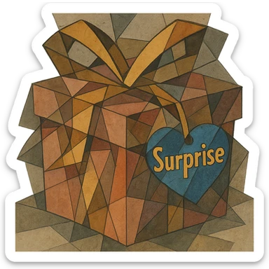 Recreate the blue heart-tagged pink gift in a cubist abstraction style, with the name 'Surprise' on the tag, no background. sticker