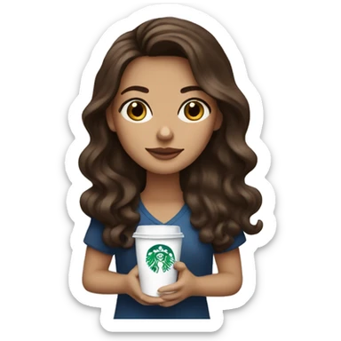 Brunette with long wavy hair and blue eyes and Starbucks coffee sticker