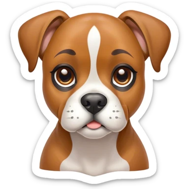 Cinematic Cute Fawn Boxer Dog Portrait Emoji, Head tilted playfully and inquisitively, with a glossy fawn coat highlighted by a white muzzle and chest, round, sparkling brown eyes filled with curiosity, Simplified yet irresistibly adorable features, highly detailed, glowing with a warm, friendly glow, high shine, affectionate and lively, stylized with a touch of whimsy, bright and endearing, soft glowing outline, capturing the essence of a mischievous yet loving pup, so playful it feels like it could bound out of the screen and into your arms! sticker