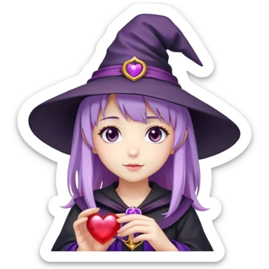 anime girl with lilac hair in a witch hat holding a purple heart sticker