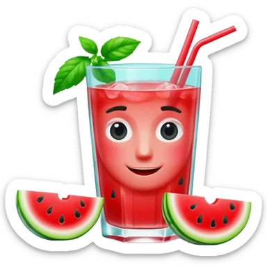 A 3D cartoon glass filled with watermelon juice, ice cubes, mint garnish, bright red color, smooth reflections, soft natural lighting, Memoji-style. sticker