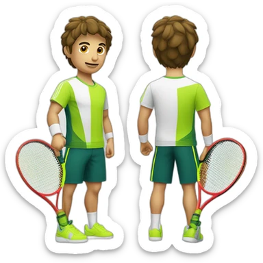 Ragazzo riccio con maglietta gialla gioca stanco con una racchetta da tennis sticker