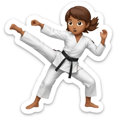Ragazza castana che pratica karate, ha la cintura nera ed io tradizionale kimono bianco del karate, tira un calcio laterale  sticker
