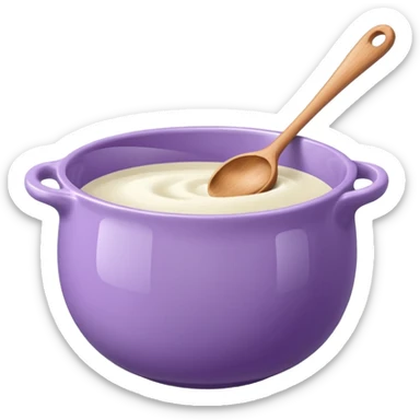 a lilac ceramic mixing bowl with a wooden spoon stirring sticker