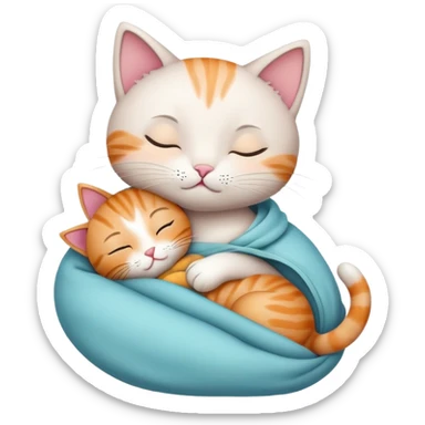 A cute little cat, sleeping with a doll in its arms sticker