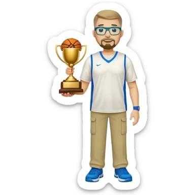 full body white chunky male basketball coach with trophy. Goatee , Wearing glasses and blue and green polio and khaki pants sticker