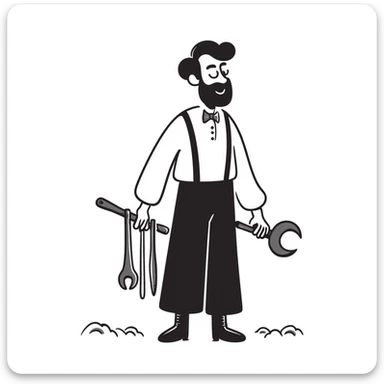 Victorian era English worker with tools, suspenders, boots, and rugged appearance from industrial revolution sticker