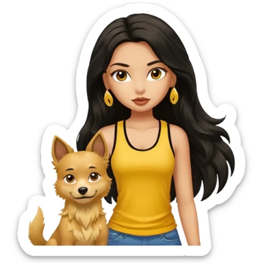 a tan pretty bratz girl with long wavy black hair, wearing a yellow tank top with a street dog sticker