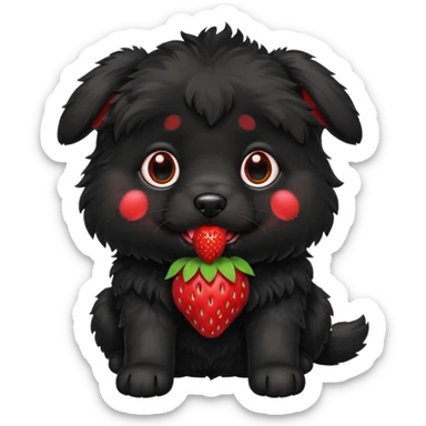 A black fluffy puppy with a strawberry sticker
