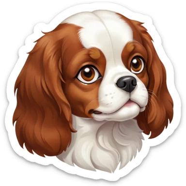 Cinematic Noble Blenheim Cavalier King Charles Spaniel Portrait Emoji, Poised and regal, with a graceful, medium build and a well-groomed Blenheim coat featuring rich chestnut and white markings, soulful brown eyes, Simplified yet sharp and sophisticated features, highly detailed, glowing with a soft, dignified glow, high shine, intelligent and affectionate, stylized with an air of elegance, focused and attentive, soft glowing outline, capturing the essence of a watchful and refined companion, so majestic it feels as though it could step out of the screen with effortless authority! sticker