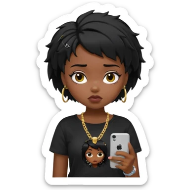 generate a pretty bratz girl with short black very messy hair, looking tired and using her phone, wearing an oversized black tshirt sticker