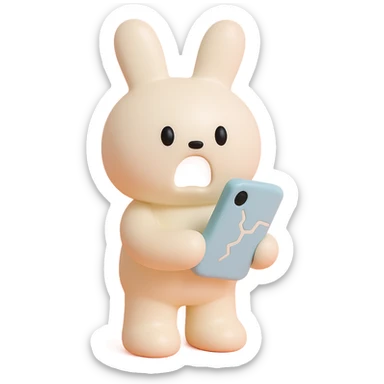 white bunny holding cracked phone with shocked face, vinyl figure style sticker