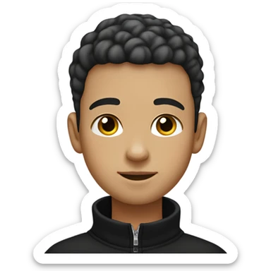 boy with light skin, buzz cut, no facial hair, wearing a smart black quarter zip jumper with white t shirt underneath. sticker