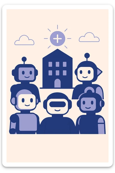flat modern icon with multiple robot avatars gathered around a large building icon, with a glowing plus sign above, in Slack-inspired colors, symbolizing a new organization joining a B2B SaaS LLM evaluation platform sticker